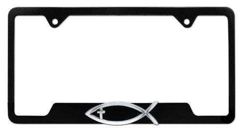 Christian Fish Cross Black Open License Plate Frame - Open Black/Cross