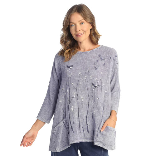 Jess & Jane Mineral Washed Gauze Tunic w/ Pockets M103 (1X, Prairie Vintage Blue)