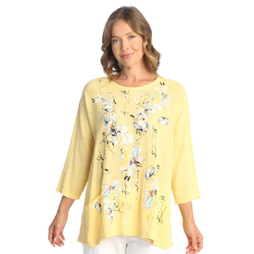 Jess & Jane Mineral Washed Gauze Tunic w/ Pockets - M103 (Small, Bora Bora Sunflower)