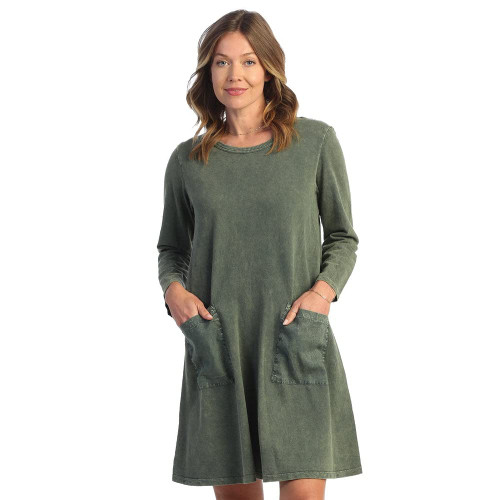 Jess & Jane Mineral Washed Dress w/Patch Pockets M86 (3X, Solid Olive)
