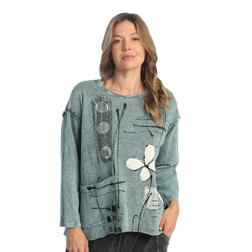 Jess & Jane Mineral Washed Drop Shoulder Top - Small, Petals Teal