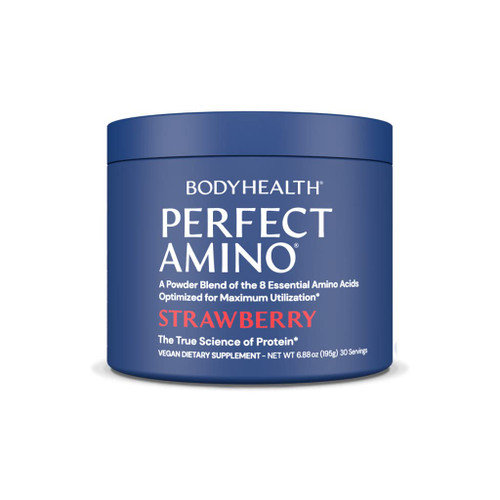 BodyHealth PerfectAmino Powder Strawberry - 30 Servings, Best Pre/Post Workout Recovery Drink, 8 Essential Amino Acids Energy Supplement w/ 50% BCAAs, 100% Organic, 99% Utilization