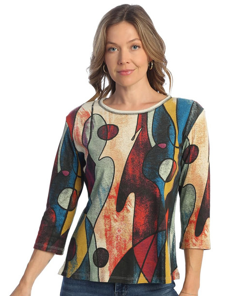 Jess & Jane Tom Tom Cotton Tee Shirt Top, Oatmeal - 1X, Multi-color