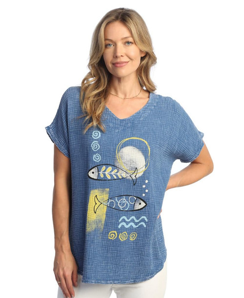 Jess & Jane Mineral Washed Gauze Short Sleeve Top M104 (Small, Mariner Indigo)