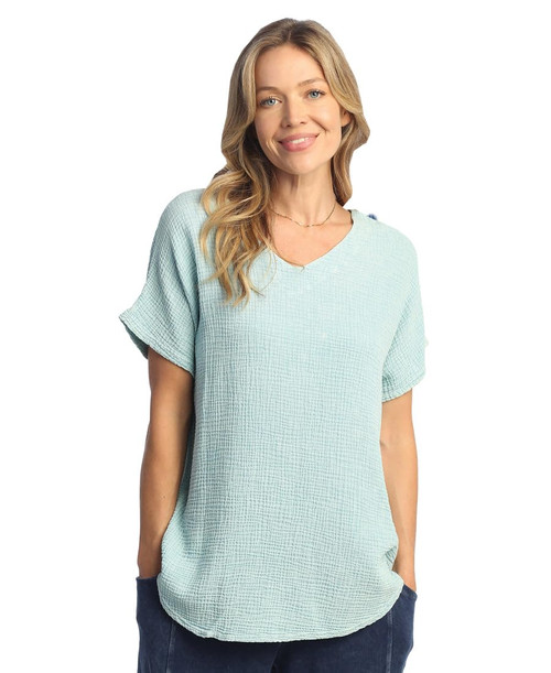 Jess & Jane Mineral Washed Gauze Short Sleeve Top M104 (Large, Mint)