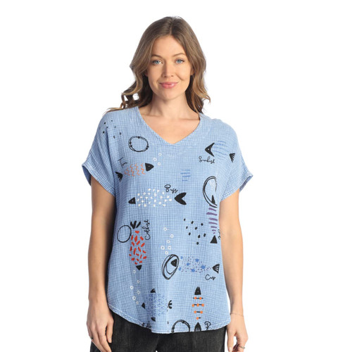 Jess & Jane Mineral Washed Gauze Short Sleeve Top M104 (Medium, Bahamas Cornflower Blue)