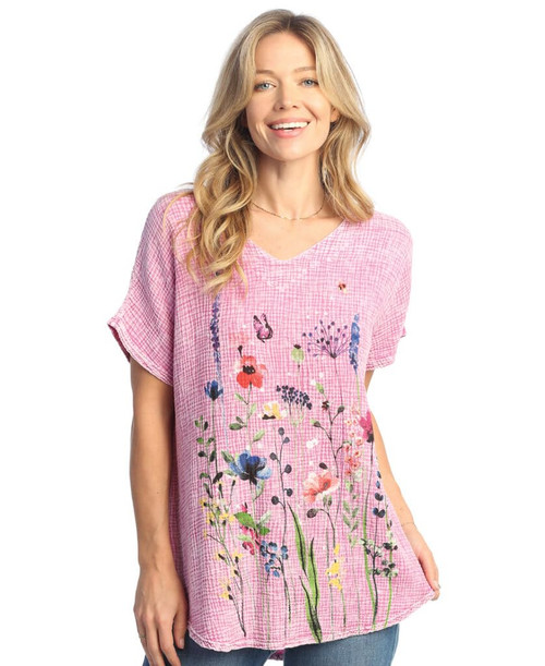 Jess & Jane Mineral Washed Gauze Short Sleeve Top M104 (X-Large, Gardenia Magenta)