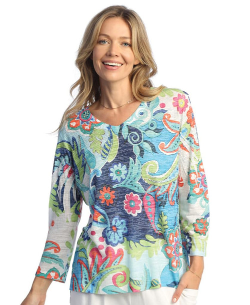 Jess & Jane Burnout Hi-Low Tunic Top AJ3 (2X, Marina)