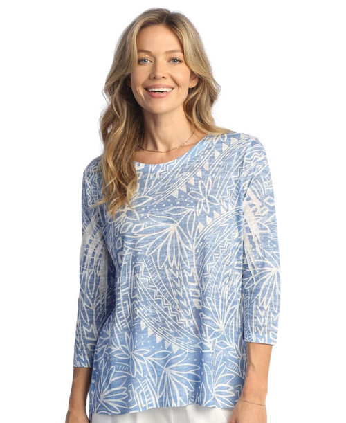 Jess & Jane Abstract Print Crew Neck Side Slit Burnout Top - 44 | 3X, Tropic
