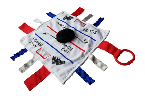 Baby Jack & Co 10x10” Hockey Sports Lovey Sensory Plush Blanket - Tag Toys for Babies - Baby Stroller Toys - Learn Shapes, Letters & Colors - MVP Baby Puck Toy & Baby Sports Gift w/ Stroller Clip