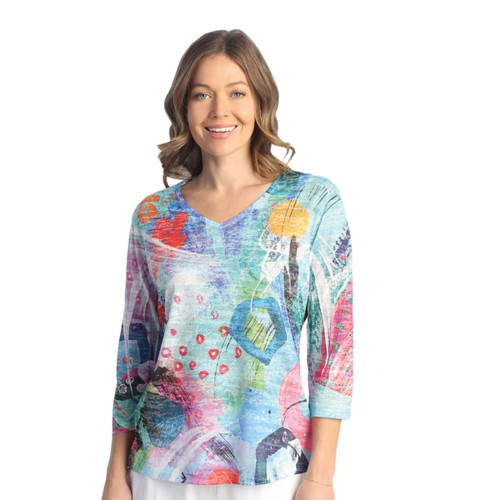 Jess & Jane Print V-Neck Burnout Sublimation Top - 45 | 2X, Canvas