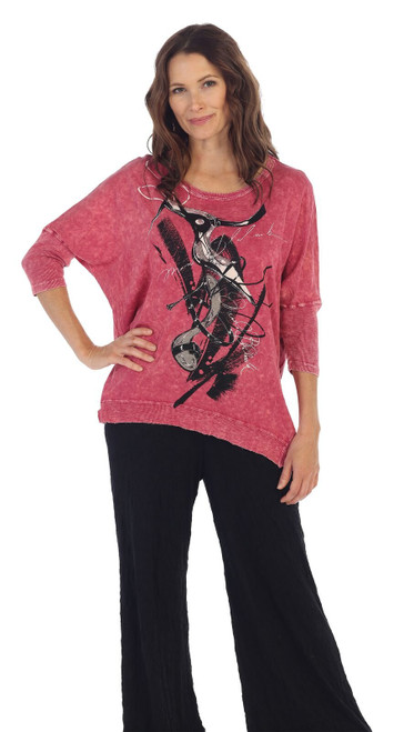 Jess & Jane 100% Cotton Slub Doman Sleeve Rib Detail Top Crimson