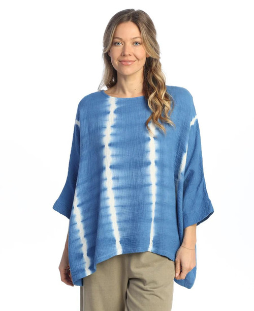 Jess & Jane Mineral Washed Crinkle Cotton Gauze Top - M97 - 1X, Linear Blue