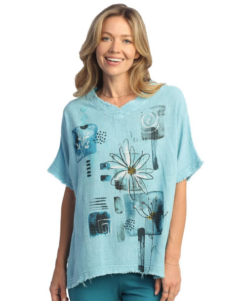 Jess & Jane Short-Sleeve Gauze Top with Fringe Accents Lily Seaglass