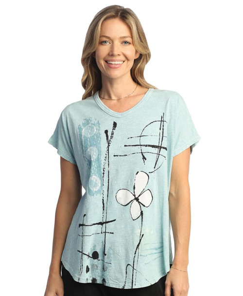Jess & Jane Mineral Washed 100% Cotton Slub Short-Sleeve Top Mint Petals 