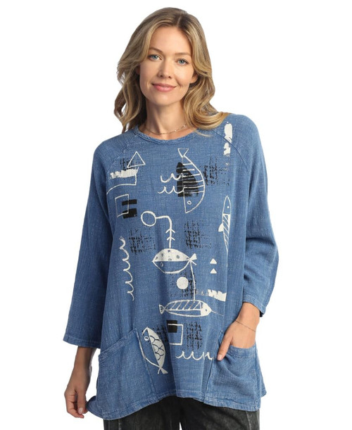 Jess & Jane Mineral Washed Gauze Tunic w/ Pockets - M103 (Medium, Piers Indigo)
