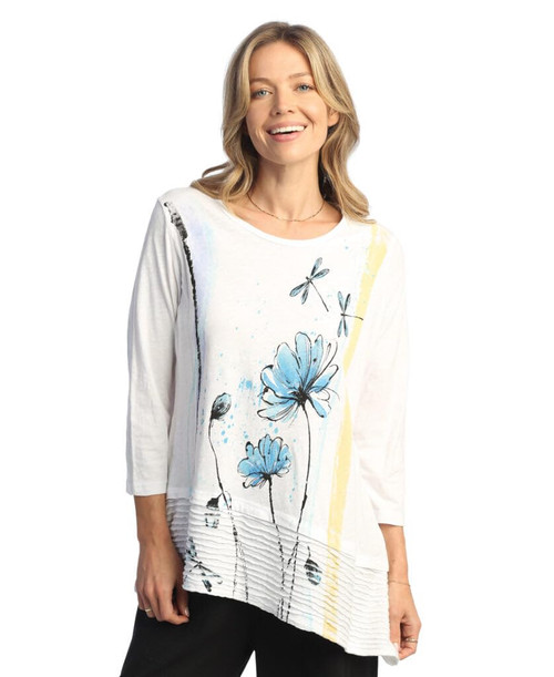 Jess & Jane Women's Free Fly Mineral Washed Cotton Wavy Contrast Asymmetric Tunic Top - 1X, Cherish White