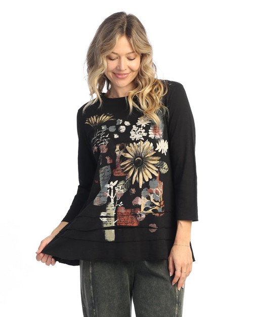 Jess & Jane Floral Print Layered Tunic Top | 3X, Golden Jet Black