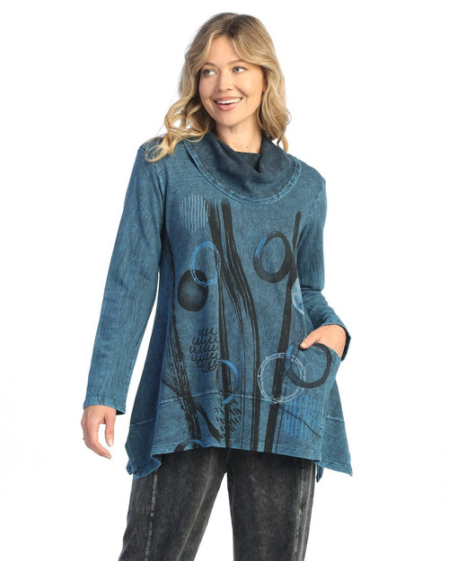 Jess & Jane Abstract Print Mineral Washed Jersey Knit Tunic | M74 (X-Large, Staccato Sapphire Blue)