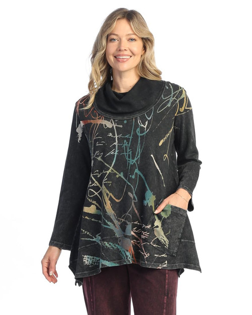 Jess & Jane Abstract Print Mineral Washed Jersey Knit Tunic | M74 (3X, Rhapsody Black)