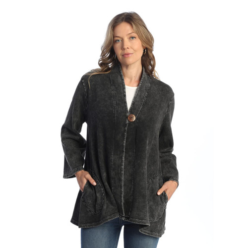 Jess & Jane Mineral Washed Fleece Cardigan 1X, Black