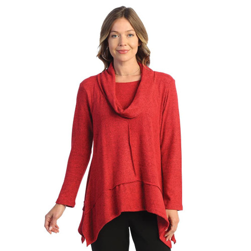 Jess & Jane Solid Soft-Brushed Hacci Cowl Neckline Tunic - VP3 - Small, Red