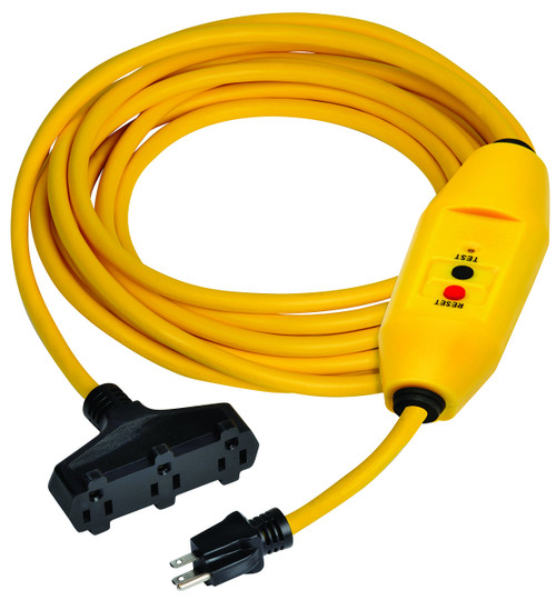 Tower Manufacturing 30438303-01 Auto-Reset 15 AMP Inline GFCI Triple Tap Cord, 50 Feet, Yellow | Auto-Reset, 50 Feet
