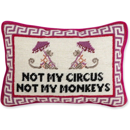 FURBISH Needlepoint Decorative Throw Pillow - Not My Circus Not My Monkeys, Small Embroidered Accent Pillow for Bed, Chair, Couch, Sofa, Handmade, Aesthetic Room Decor - 10" x 14"