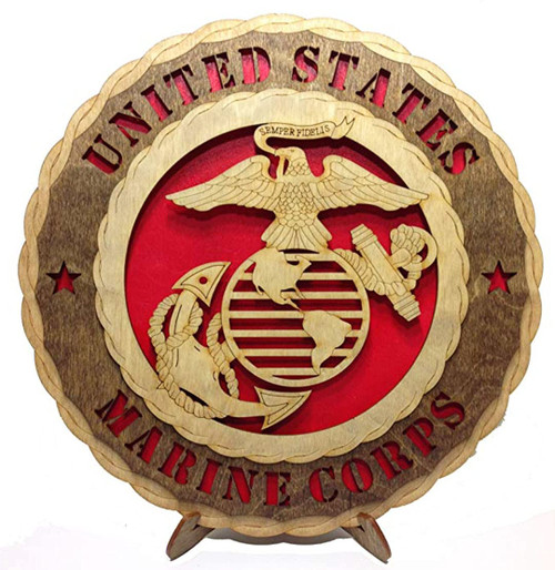 USMC United States Marine Corps Military Armed Forces Decorative Laser Crafted Three Dimensional Wooden Wall Plaque with Stand