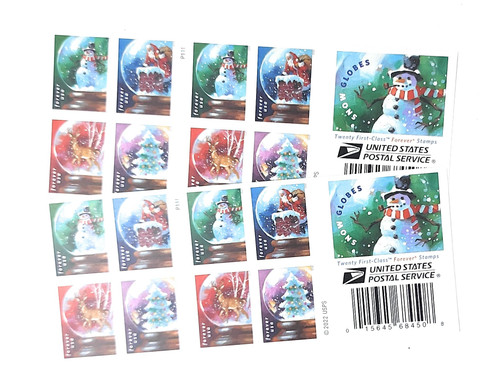 USPS Snow Globes Forever Postage Stamps (A Snowman, Santa Claus Poised on a Chimney, a Majestic Deer, and a Christmas Tree) 2023 Scott #5816-5819 | 40 Stamps | 40 Stamps