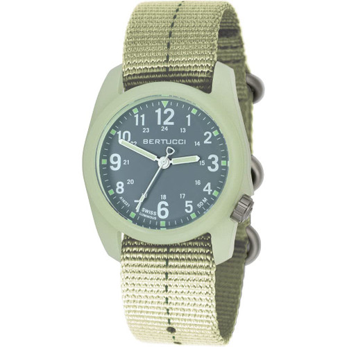 BERTUCCI DX3 Plus Watch | Vintage Drab w/White Dial/Super Luminous case- #357 Glow w/Vintage Drab Dash Line Band