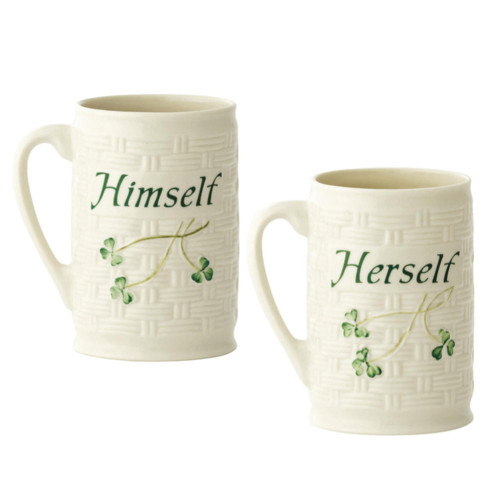 Belleek Himself & Herself Irish Coffee Mugs Set of 2 - Handcrafted Shamrock Ceramic Cups, White, 4.3"W x 4.5"H, 12oz