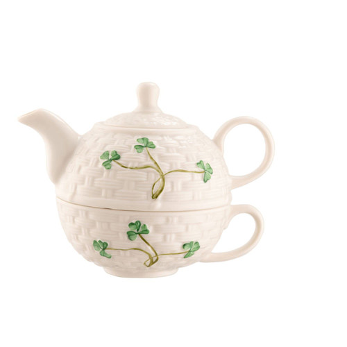 Belleek Shamrock Tea for One - Handcrafted Ceramic Teapot and Cup Set - Microwave Safe Fine Parian China Tea Pot - White