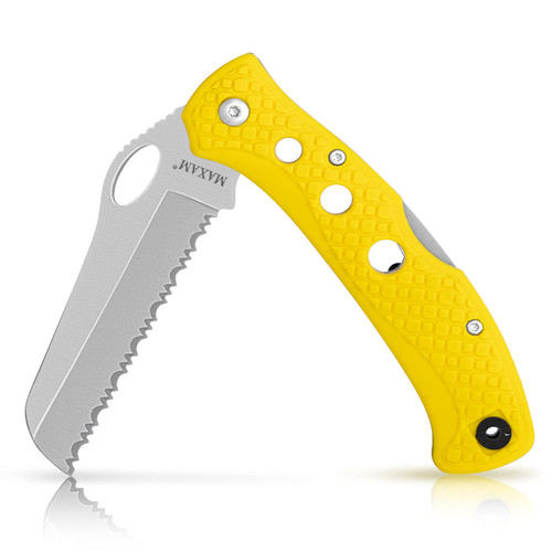 Maxam 5 Inch Saltwater Knife - Rust-Proof German Stainless Steel Serrated Blade w/ High-Visibility Yellow Handle, Reversible Pocket Clip, Lanyard Hole