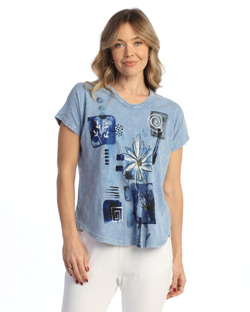 Jess & Jane V Neckline Short Sleeve Top M91 - Lily Cornflower