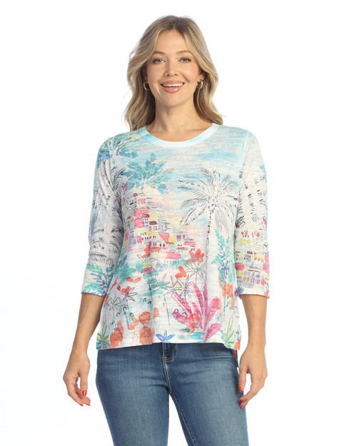 Jess & Jane Abstract Print Crew Neck Side Slit Burnout Top - 44 (Seaside)