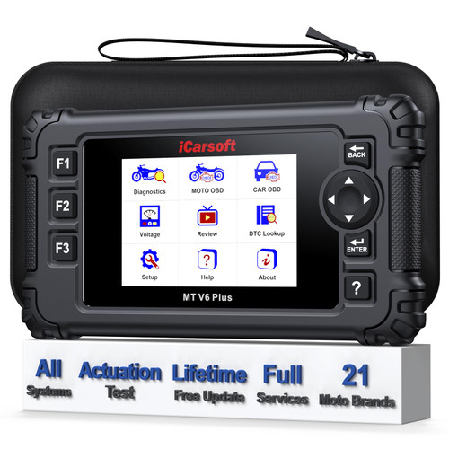 iCarsoft MT V6 Plus Motorcycle Diagnostic Tool for Harley/BMW/Kawasaki/Indian etc, 21 Brands, Motorbike Full System All Maintenance Reset, Actuation Test, Moto Code Reader+Car OBD2 Diagnostics 2 in 1
