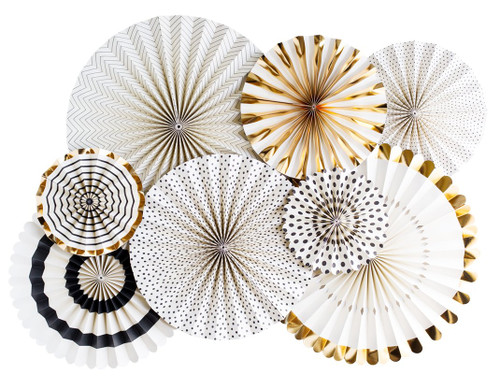 My Mind's Eye Paperlove Black Tie, Ivory, Black and Gold Double-Sided Party Fans and Confetti, Set of 8 Fans