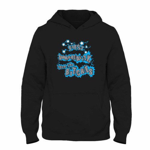 Was created with comfort in mind, this First Immortality Then The Bitches Hoodie lighter weight is perfect for any activity. Teams and groups love this hoodie for its affordable price and variety of colors.
