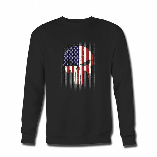 Your American Flag The Punisher Skull Crewneck Sweatshirt just got an update. This super comfortable and lighter weight crewneck will become your favorite go-to sweatshirt. The cozy spandex cuffs and waistband make this pill-resistant sweatshirt a fan favorite.And your group will look and feel their best in this premium ringspun cotton crew.