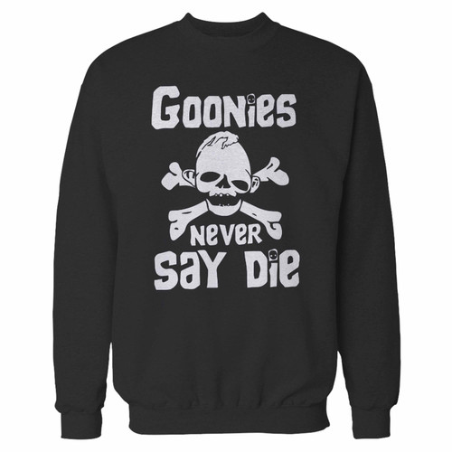 Your goonies never say die 2 crewneck sweatshirt just got an update. This super comfortable and lighter weight crewneck will become your favorite go-to sweatshirt. The cozy spandex cuffs and waistband make this pill-resistant sweatshirt a fan favorite.And your group will look and feel their best in this premium ringspun cotton crew.