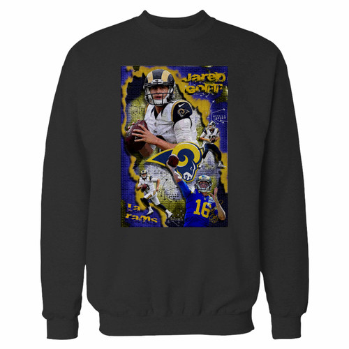 Your jared goff poster crewneck sweatshirt just got an update. This super comfortable and lighter weight crewneck will become your favorite go-to sweatshirt. The cozy spandex cuffs and waistband make this pill-resistant sweatshirt a fan favorite.And your group will look and feel their best in this premium ringspun cotton crew.