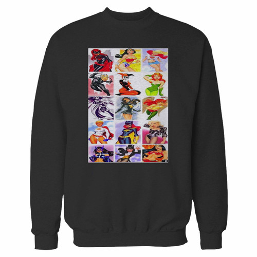 Your ladies of dc comics huntress wonder woman supergirl catwoman harley quinn crewneck sweatshirt just got an update. This super comfortable and lighter weight crewneck will become your favorite go-to sweatshirt. The cozy spandex cuffs and waistband make this pill-resistant sweatshirt a fan favorite.And your group will look and feel their best in this premium ringspun cotton crew.