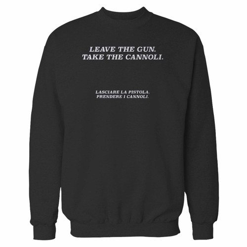 Your leave the gun take the cannoli crewneck sweatshirt just got an update. This super comfortable and lighter weight crewneck will become your favorite go-to sweatshirt. The cozy spandex cuffs and waistband make this pill-resistant sweatshirt a fan favorite.And your group will look and feel their best in this premium ringspun cotton crew.