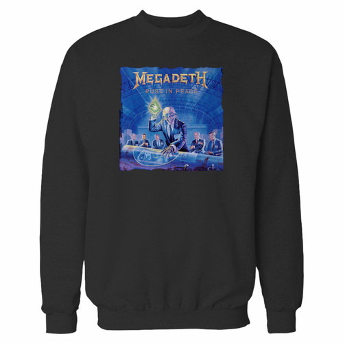 Your megadeth rust in peace black crewneck sweatshirt just got an update. This super comfortable and lighter weight crewneck will become your favorite go-to sweatshirt. The cozy spandex cuffs and waistband make this pill-resistant sweatshirt a fan favorite.And your group will look and feel their best in this premium ringspun cotton crew.