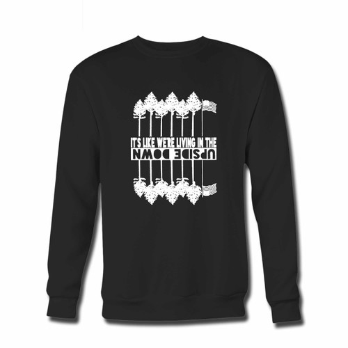 Your Stranger Things Living In The Upside Down America Crewneck Sweatshirt just got an update. This super comfortable and lighter weight crewneck will become your favorite go-to sweatshirt. The cozy spandex cuffs and waistband make this pill-resistant sweatshirt a fan favorite.And your group will look and feel their best in this premium ringspun cotton crew.