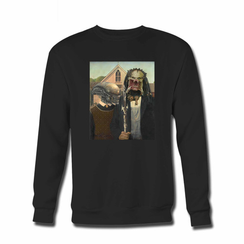 Your Xenomorph TShirt Predator TShirt American Gothic Alien Covenant Halloween Crewneck Sweatshirt just got an update. This super comfortable and lighter weight crewneck will become your favorite go-to sweatshirt. The cozy spandex cuffs and waistband make this pill-resistant sweatshirt a fan favorite.And your group will look and feel their best in this premium ringspun cotton crew.