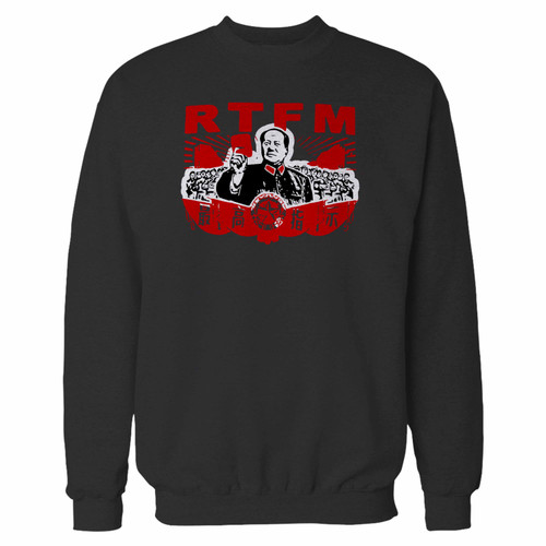 Your the it crowd rtfm chairman mao roy crewneck sweatshirt just got an update. This super comfortable and lighter weight crewneck will become your favorite go-to sweatshirt. The cozy spandex cuffs and waistband make this pill-resistant sweatshirt a fan favorite.And your group will look and feel their best in this premium ringspun cotton crew.