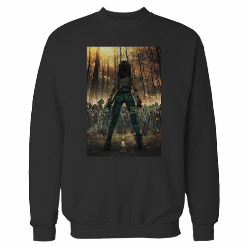 Your the walking dead michonne classic tv series 2 crewneck sweatshirt just got an update. This super comfortable and lighter weight crewneck will become your favorite go-to sweatshirt. The cozy spandex cuffs and waistband make this pill-resistant sweatshirt a fan favorite.And your group will look and feel their best in this premium ringspun cotton crew.