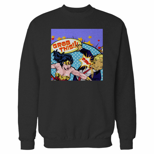 Your wonder woman punching trump dc crewneck sweatshirt just got an update. This super comfortable and lighter weight crewneck will become your favorite go-to sweatshirt. The cozy spandex cuffs and waistband make this pill-resistant sweatshirt a fan favorite.And your group will look and feel their best in this premium ringspun cotton crew.